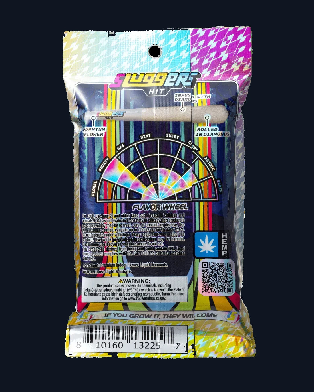 The back side of a colorful package of Sluggers Bubble Bath pre-rolls juiced* with diamonds, including a flavor wheel.