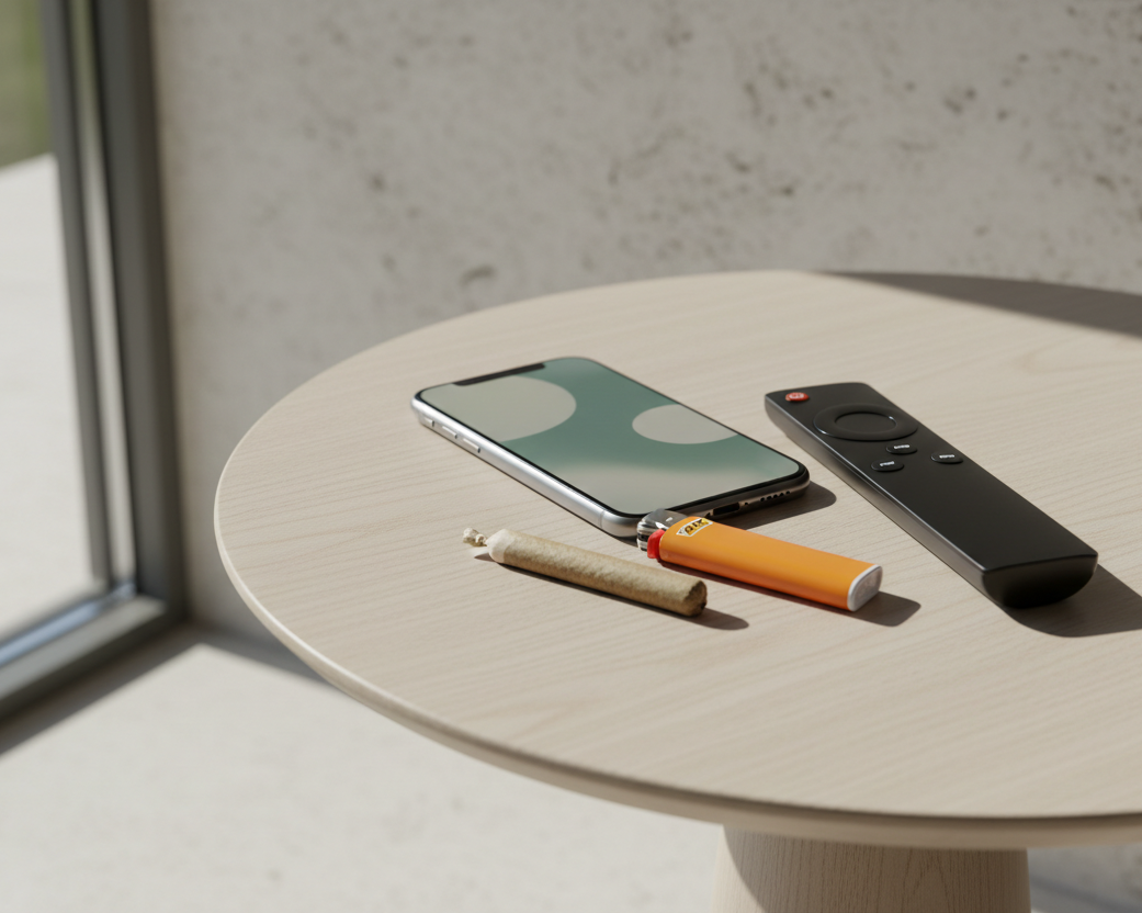 A pre-roll, a bic lighter, and a cell phone on a side table with a TV remote