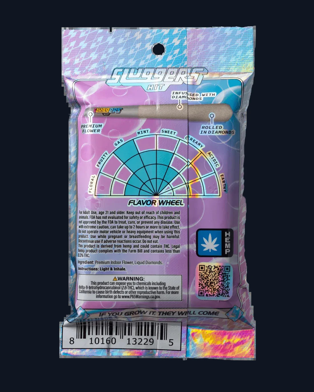 The back side of a package of Sluggers Bubble Bath pre-rolls juiced* with diamonds, including a flavor wheel.