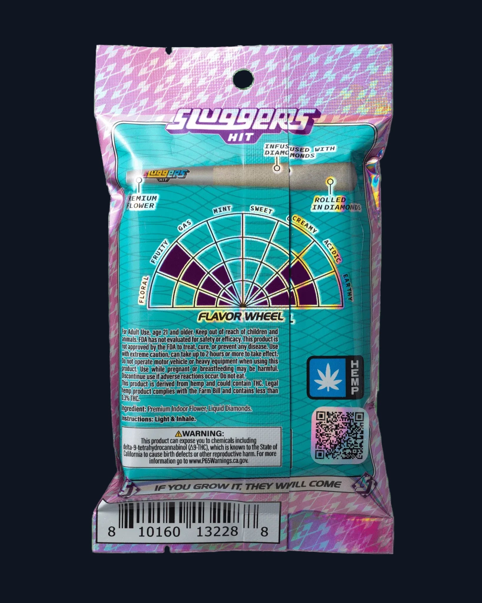 The back side of a package of Sluggers Champelli Cassis pre-rolls juiced* with diamonds, including a flavor wheel.