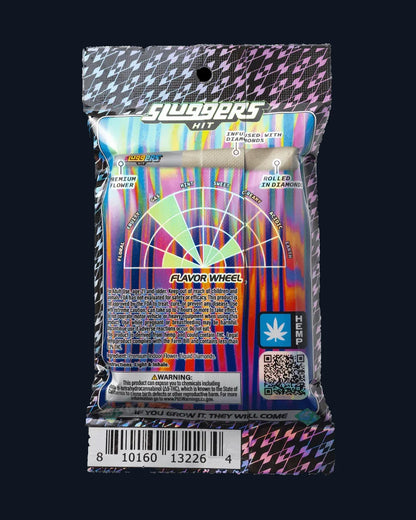 The back side of a package of Sluggers Euphoria pre-rolls juiced* with diamonds, including a flavor wheel.