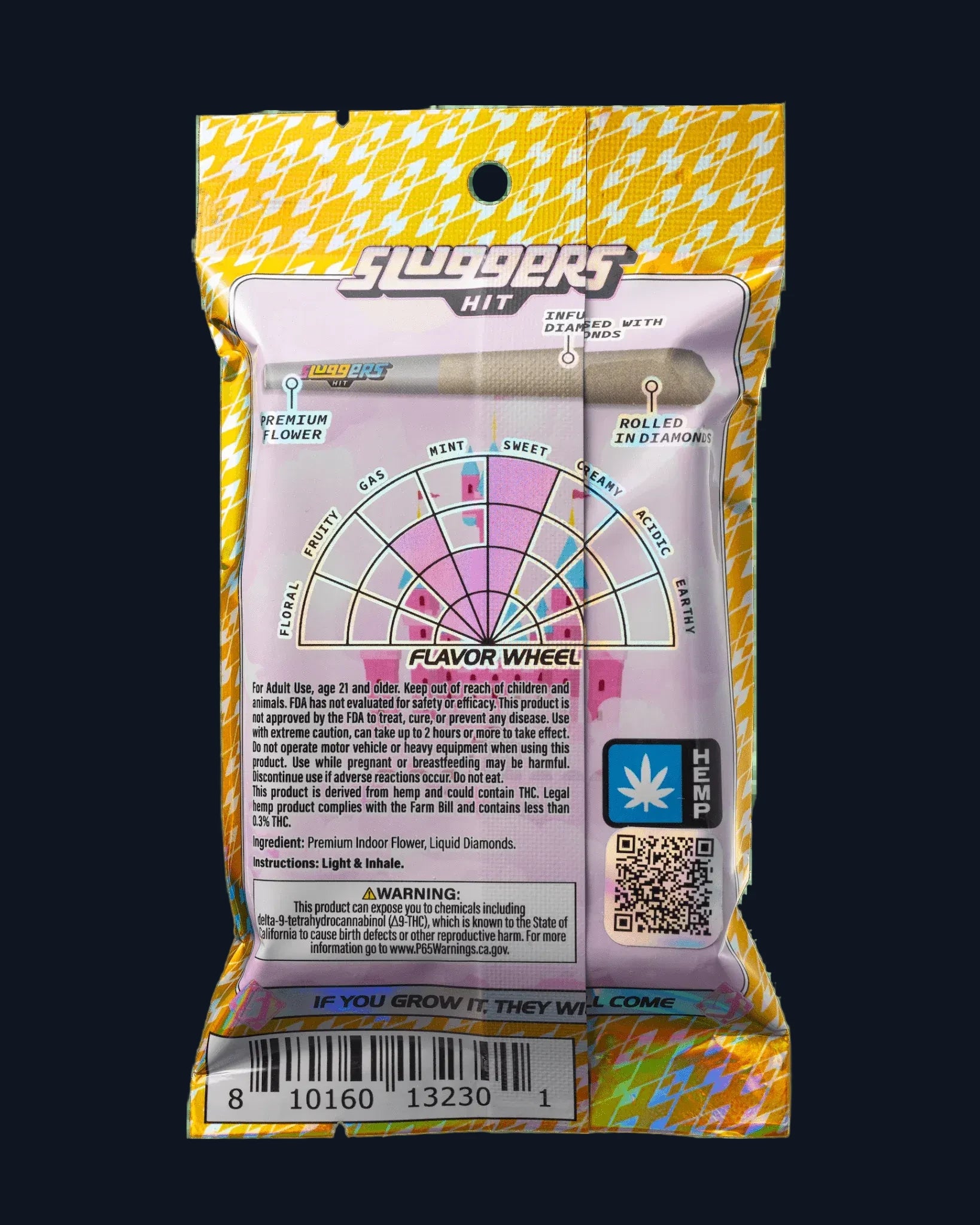 The back side of a package of Sluggers Pwincess Peach pre-rolls juiced* with diamonds, including a flavor wheel.