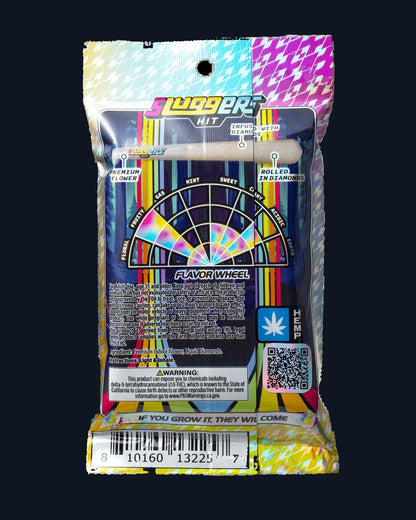 The back side of a colorful package of Sluggers Bubble Bath pre-rolls juiced* with diamonds, including a flavor wheel.