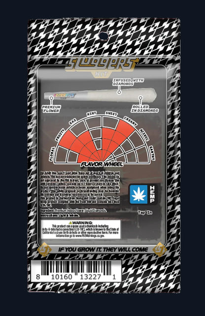 The back side of a package of Sluggers Rodeo OG pre-rolls juiced* with diamonds, including a flavor wheel.