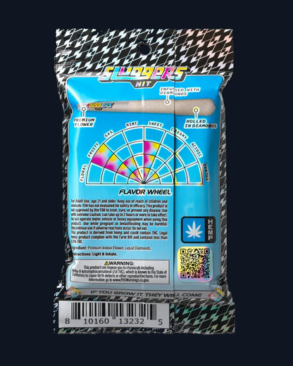 The back side of a package of Sluggers Watermelon Zkittles pre-rolls juiced* with diamonds, including a flavor wheel.