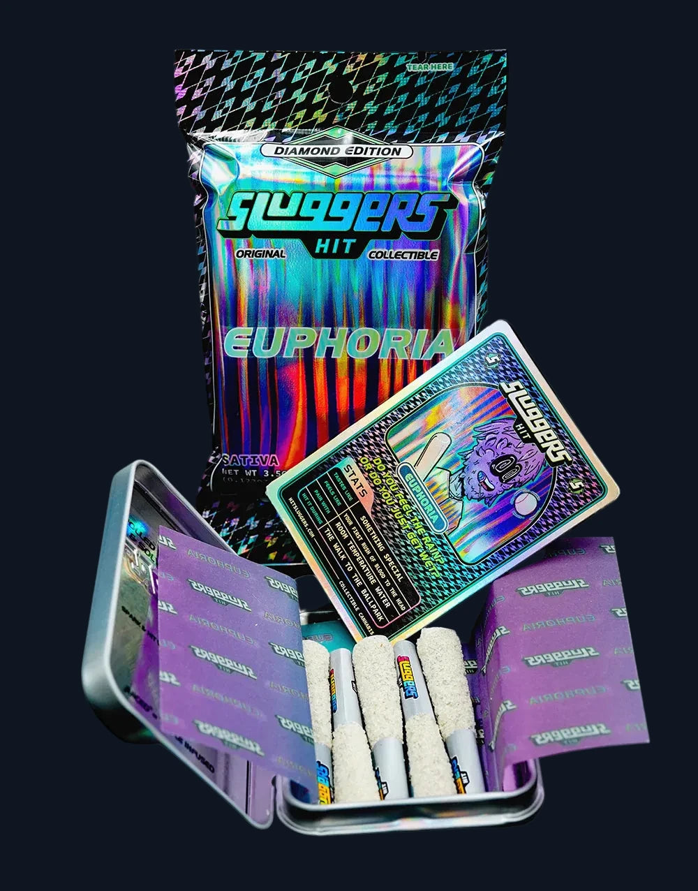 An unwrapped Sluggers Euphoria pre-roll set; complete with tin, a collectible card, and wax paper wrapped joints.