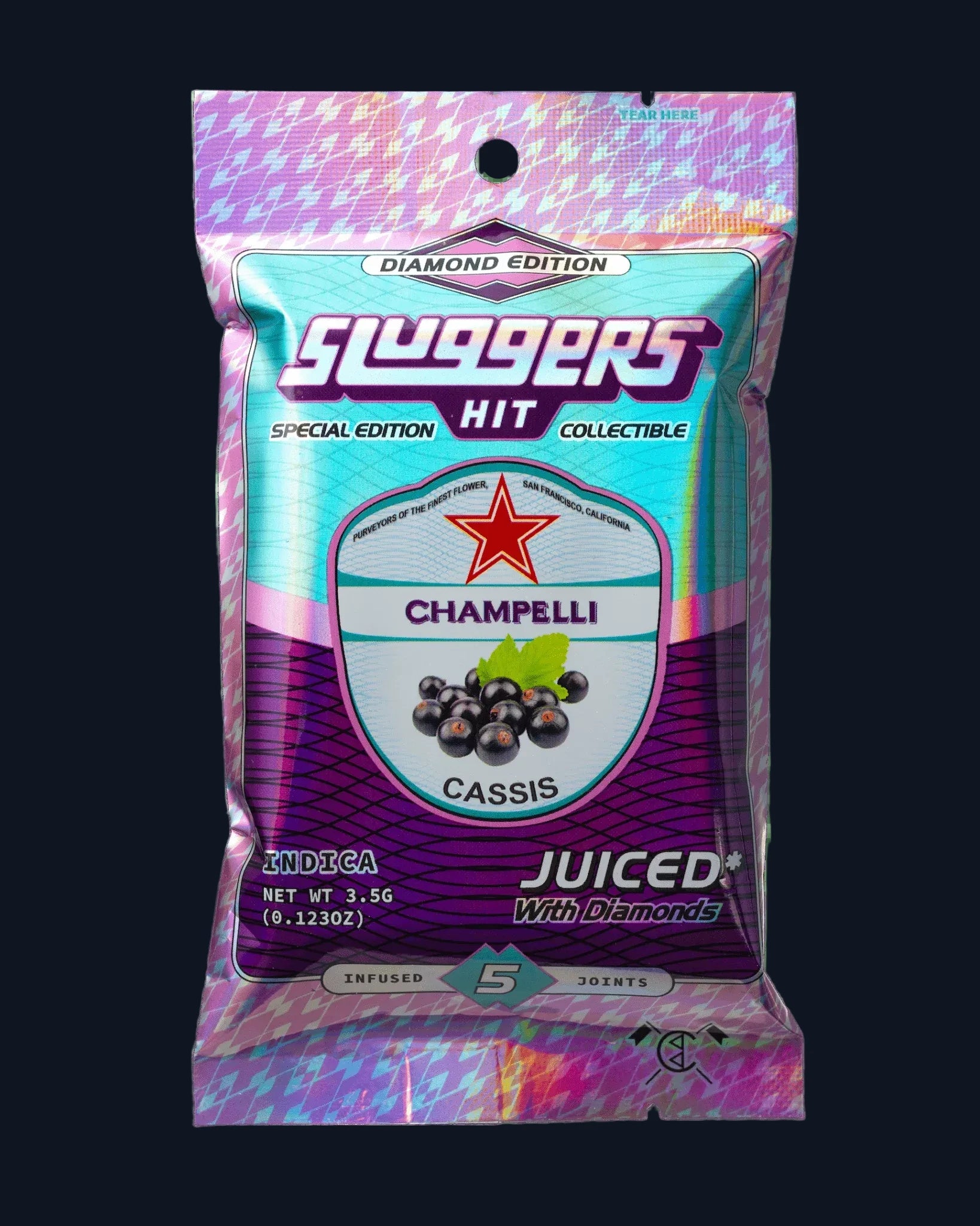 A package of Slugger's Champelli Cassis pre-rolls juiced* with diamonds