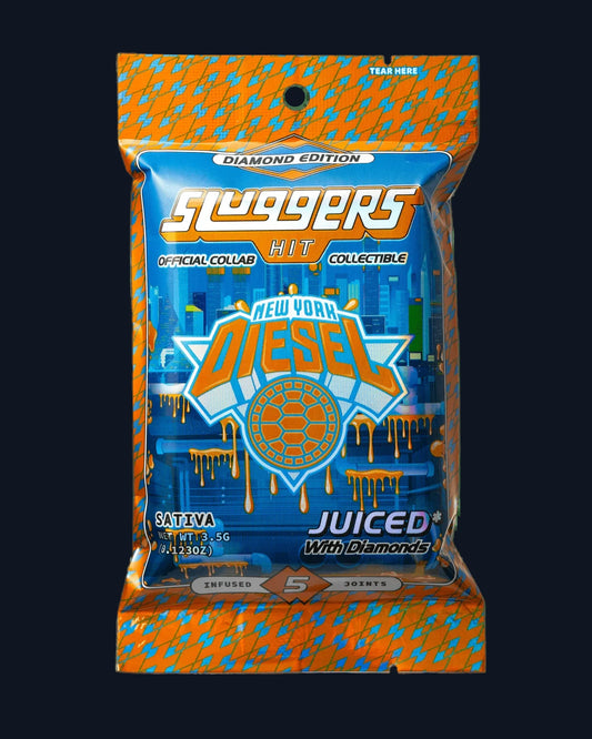 A package of Slugger's New York Diesel pre-rolls juiced* with diamonds