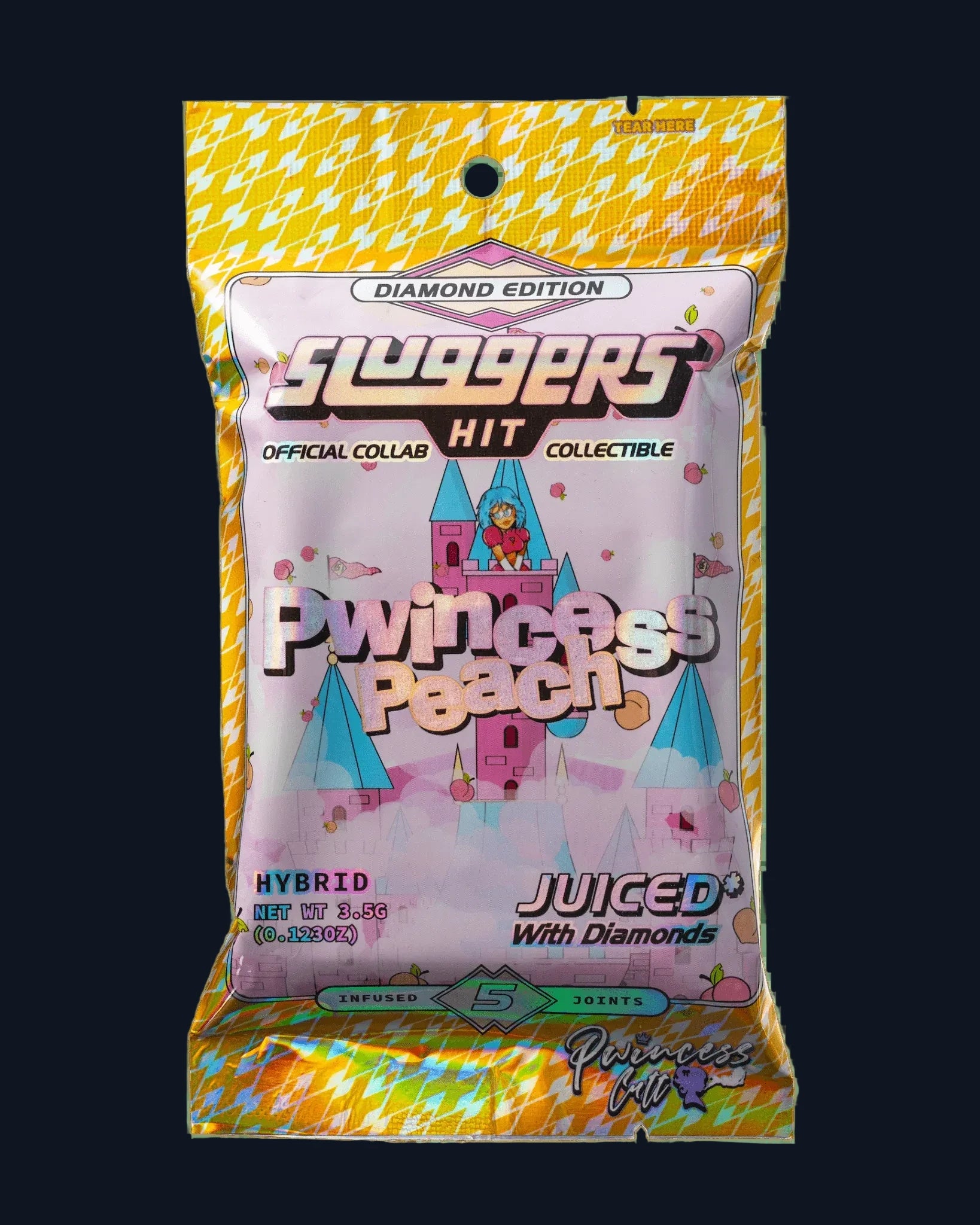 A package of Slugger's Pwincess Peach pre-rolls juiced* with diamonds. Part of an official collab with Princess Cutt and a collectible.