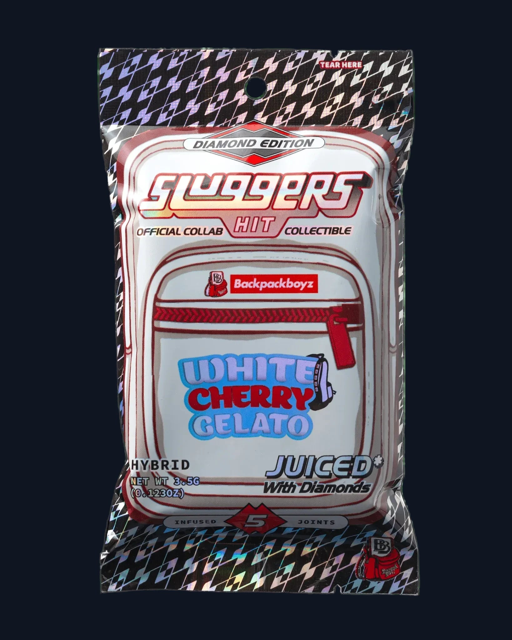 A package of Slugger's White Cherry Gelato pre-rolls juiced* with diamonds