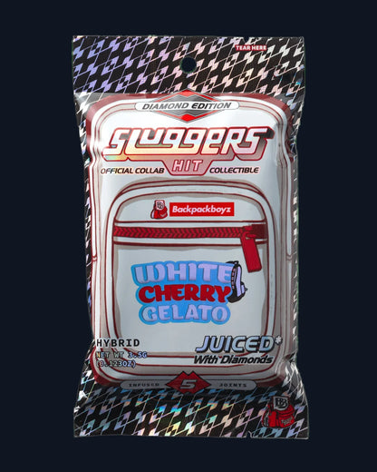 A package of Slugger's White Cherry Gelato pre-rolls juiced* with diamonds