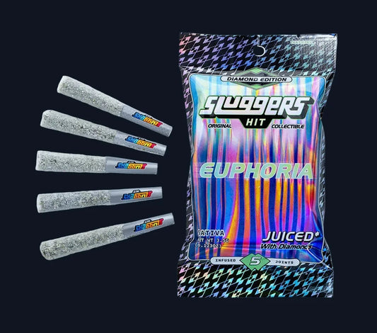 A package of Slugger's Euphoria pre-rolls juiced* with diamonds with 5 pre-rolls next to it
