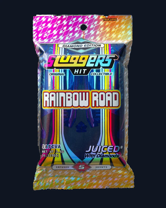 A package of Slugger's Rainbow Road pre-rolls juiced* with diamonds