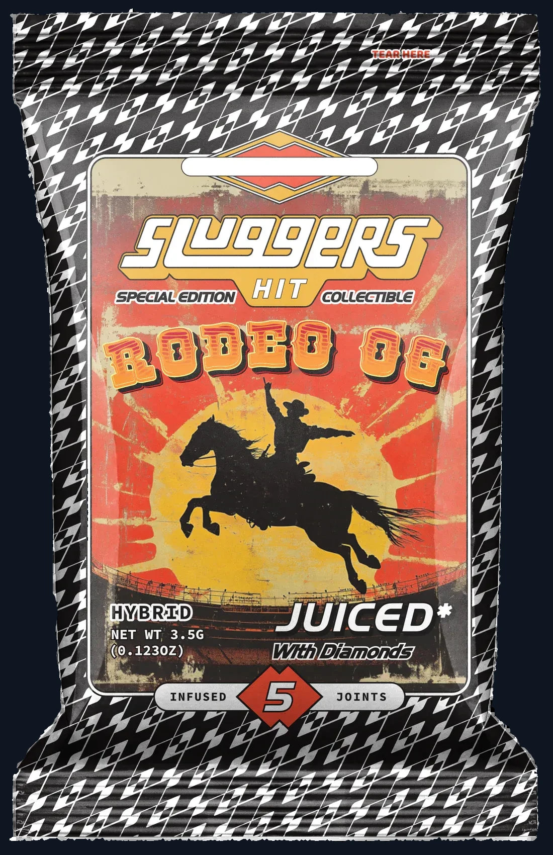 A packet of Slugger's Rodeo OG pre-rolls juiced* with diamonds.