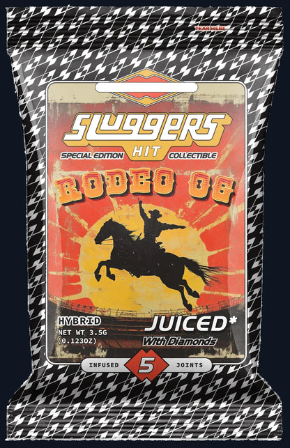 A packet of Slugger's Rodeo OG pre-rolls juiced* with diamonds.