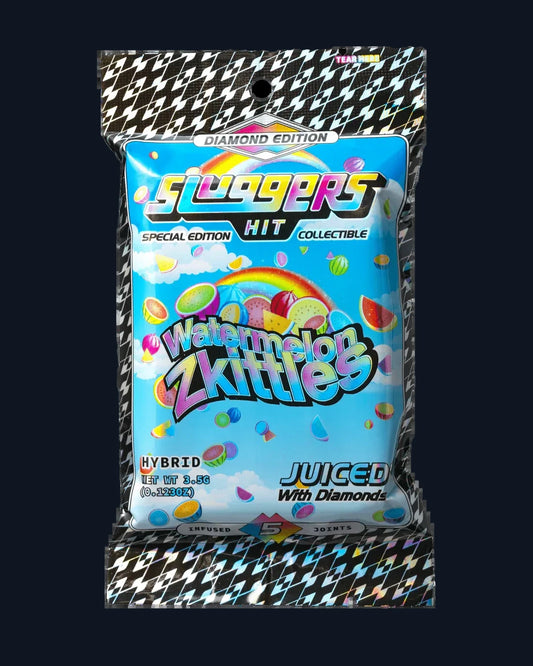 A package of Slugger's Watermelon Zkittles pre-rolls juiced* with diamonds